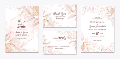 Wedding invitation template set with brown leaves decoration. Botanic card design concept