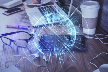 Double exposure of financial theme drawing and cell phone background. Concept of business