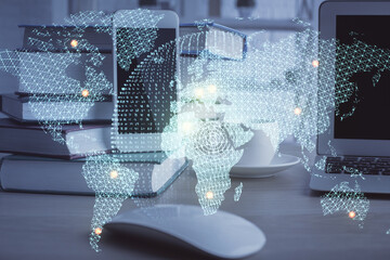 Double exposure of financial theme drawing and cell phone background. Concept of business