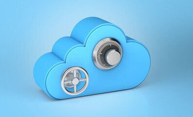 Cloud storage safe. Combination lock as a security and password symbol. Blue background. 3d render