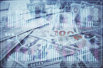 Multi exposure of forex chart drawing over us dollars bill background. Concept of financial success markets.