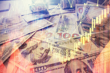 Multi exposure of forex chart drawing over us dollars bill background. Concept of financial success markets.