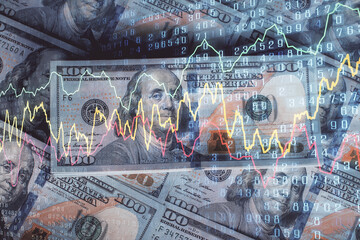 Multi exposure of forex chart drawing over us dollars bill background. Concept of financial success markets.