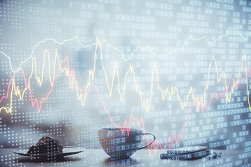 Double exposure of forex chart over coffee cup background in office. Concept of financial analysis and success.
