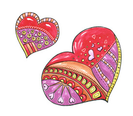 Set of hand drawn decorative stylized hearts. Doodle style, illustration of Valentine's Day. Ornamental cute hand drawing in red, pink colors Series of doodle cartoon sketch illustrations