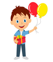 cute cartoon boy with gift and balloons