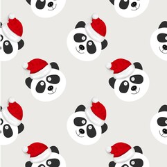 Fototapeta premium Handmade greeting vector seamless pattern of a panda with realistic sewing buttons and santa's hat 