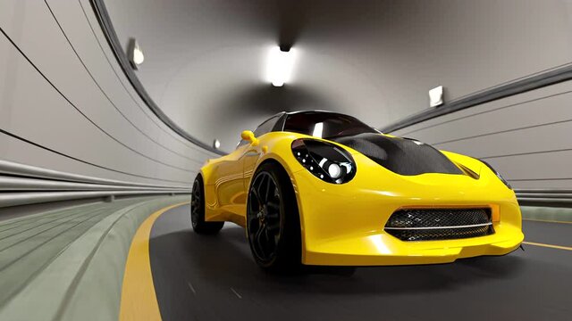 Yellow car running on road in tunnel. Car animation seamless loop. 3D Render.