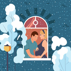 Young loving couple expecting a baby. Family at the window of their house. A man hugs his pregnant woman. Winter outside the window. Cute vector illustration.