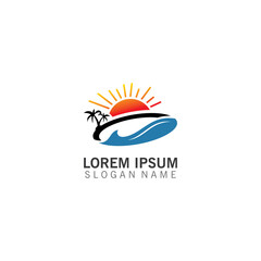 summer water wave logo template, circular sun logo, holiday, beach  illustration