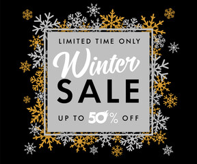 Winter Sale calligraphy text limited time only, up to 50% off. Merry Christmas sale banner, special offer -50%, silver and golden snowflake on black background. Luxury vector illustration