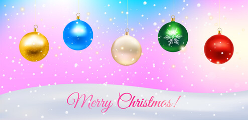 Naklejka na ściany i meble Christmas background with glossy bright baubles, sparkles, snow and holiday sky. Premium vector.
