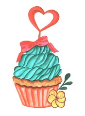 Watercolor cupcake with green cream and heart on a white background.