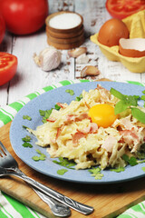 A plate with traditional pasta carbonara
