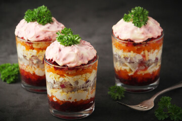 Dressed herring or herring under fur - traditional Russian salad