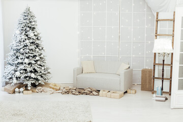 snow Christmas tree with gifts for the new year interior decor