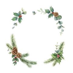 Watercolor vector Christmas wreath with fir branches, cones and eucalyptus.