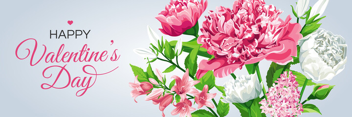Valentine's Day greeting card template. Horizontal banner with pink and white flowers. Roses, Peonies, Lilacs, Campanulas and text isolated on light background.
