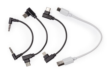 Set of different short adapter cables on a white background