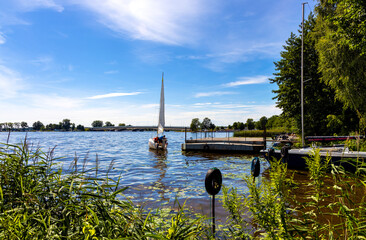 Panoramic view of Zegrzynskie Reservoir Lake and Narew river with yachts and boats in Zegrze resort...