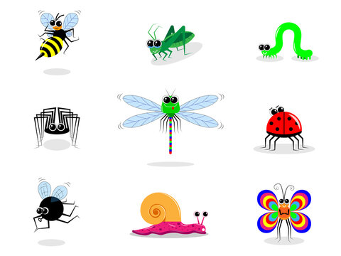 Funny cartoon insects. A set of 9 images. Vector