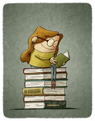 young woman reads while sitting on top of a pile of books. Culture and learning concept