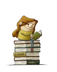 young woman reads while sitting on top of a pile of books. Culture and learning concept. isolated - 397759358