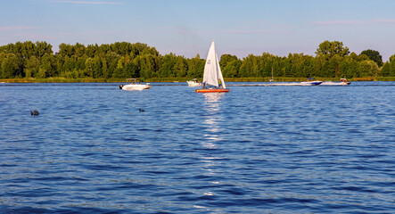 Panoramic view of Zegrzynskie Reservoir Lake and Narew river with yachts and boats in Zegrze resort town in Mazovia region, near Warsaw, Poland