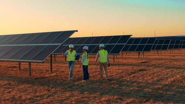 Solar energy industry workers observing a large solar farm at sunset. Professional engineers discuss innovative project.