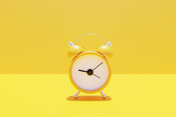 Minimalistic 3d rendering of yellow alarm clock.