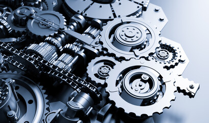 Gears and cogs mechanism. Industrial machine, engine