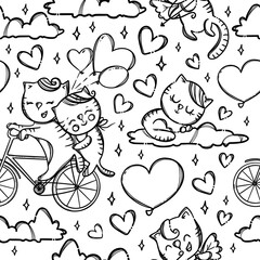 BICYCLE CATS On Clouds Kitten Cupid Shoots Archery In Lovers Valentine Day Cartoon Animals Monochrome Hand Drawn Seamless Pattern Vector Illustration For Print