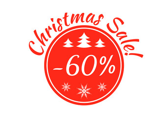 Christmas sale badge, tag or sticker. Xmas discount label. 60 percent price off. Promo banner and advertising design element. Vector illustration.
