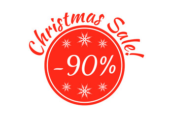 Christmas sale badge, tag or sticker. Xmas discount label. 90 percent price off. Promo banner and advertising design element. Vector illustration.