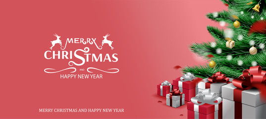 Obraz na płótnie Canvas Merry Christmas and Happy New Year, Christmas tree Branches and Ornament background, vector illustration