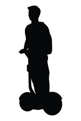 Young man on moving segway silhouette vector, transportation.