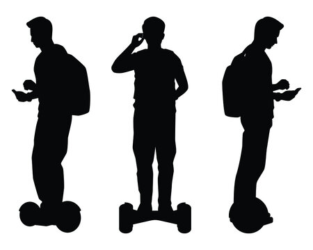 Set Of Young Man On Moving Segway Silhouette Vector, Transportation.