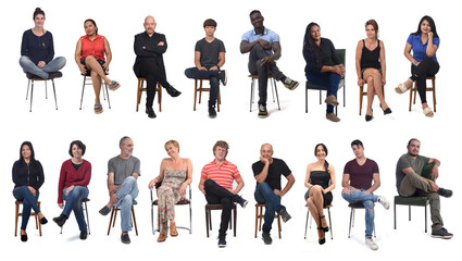 front view of a group of people wiith legs crossed on white background