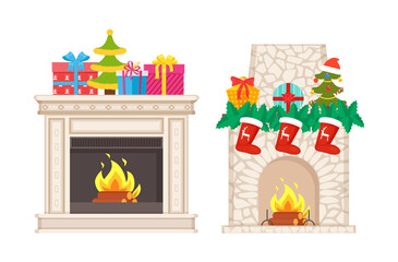 Fireplace decoration for Christmas atmosphere vector. Isolated icons of decor socks with reindeer print, pine tree with santa claus hat and gifts