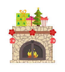 Burning firewood in fireplace decorated with leaves and balls, colorful gift boxes with pattern wrapped ribbon, Christmas tree adorned with chaplet vector