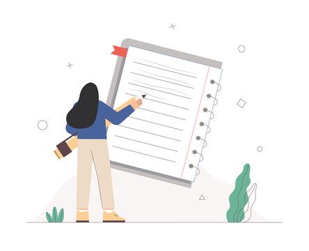 Young woman writing in notebook, take notes with giant pencil. Flat style vector illustration. The concept of successful completion of tasks, effective daily planning and time management.
