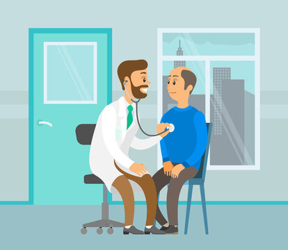 Therapist listens to the heartbeat. Doctor working with a stethoscope. Patient with doctor in the hospital. Man communicates at a consultation in medical clinic. City landscape outside the window