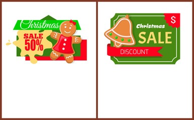 Christmas sale gingerbread woman and jingle bell cookie on labels, vector web pages templates with text samples. Christmas sites design with price tags