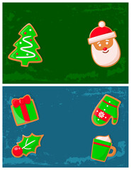 Gingerbread cookies, Christmas holiday banners. Fir and Santa, gift and mittens, cranberry and coffee with foam, winter holiday dessert or treat vector