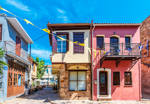 Fototapeta Colorful Houses view interior of Chios Town Castle in Chios Island of Greece
