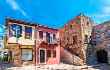 Fototapeta na wymiar Colorful Houses view interior of Chios Town Castle in Chios Island of Greece