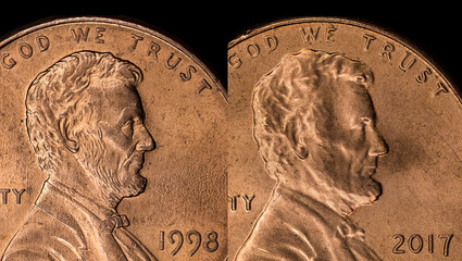 Lincoln’s face on a 1988 penny in comparison with a 2017 penny
