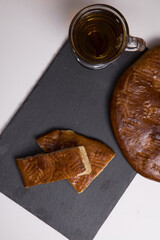 Traditional sweet homemade armenian cake gata. Armenian gata, with tea, Top view