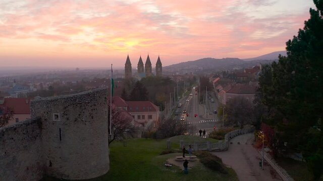 Aerial video of Szekeszegyhaz in Pecs with beautiful sunset