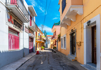 Colorful Houses view interior of Chios Town Castle in Chios Island of Greece